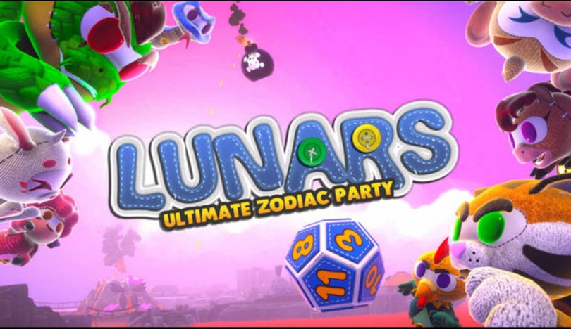 Colorful characters and a blue die against a vibrant sunset background with the title "LUNARS: Ultimate Zodiac Party."