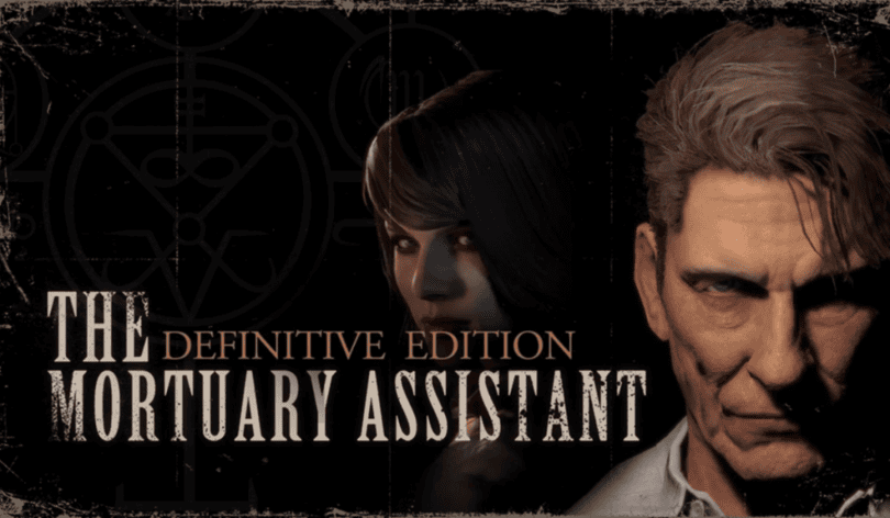 The image features the a woman in the background with brown hair. She is Rebecca, the person that the player plays as. To the right is Raymond, the owner of the Mortuary that the game is based in. The title of the game starts at the left and covers the majority of the image.