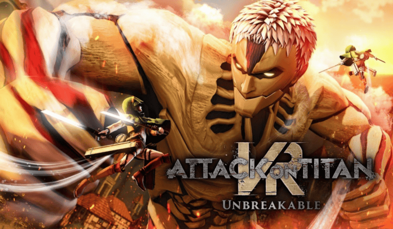 Official key art for the VR game Attack on Titan Unbreakable. Image shows a Titan attacking a town. Two soldiers fly around to defend the city.