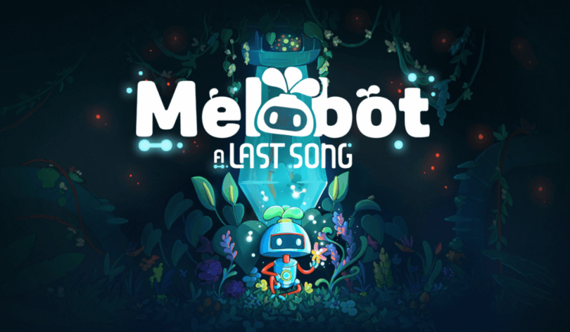 Official key art for the game Melobot A Last Song. Title of Melobot, with a robot centre screen. Flowers around robot which are bright and darkness around the borders.