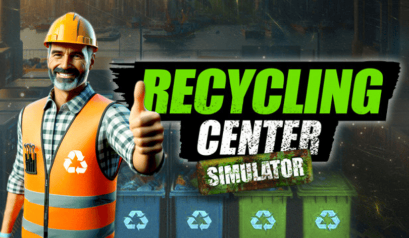 The center of the image has the words Recycling Center Simulator. Left of that text is a man with a beard smiling and posing with a thumbs up. He's wearing a plaid shirt under a high visibility vest and a yellow hardhat.