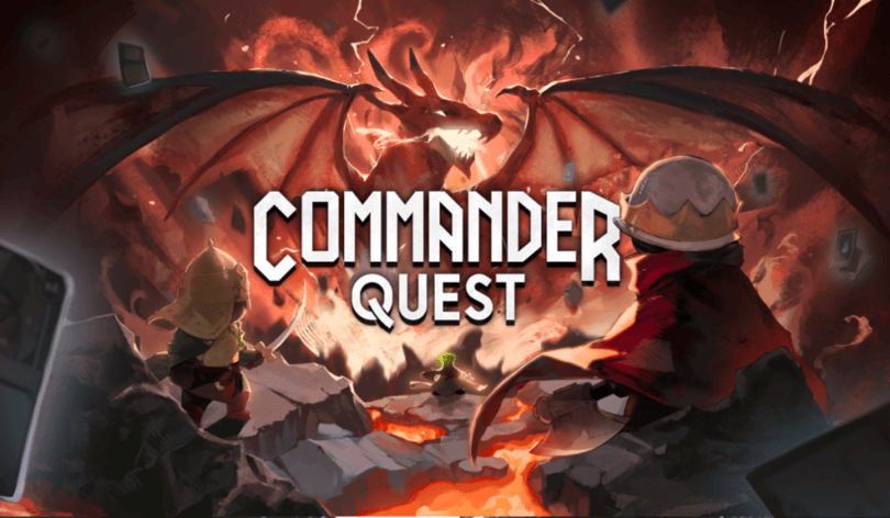 Official key art for the game Commander Quest. Image shows a dimly lit cave with a dragon breathing fire.