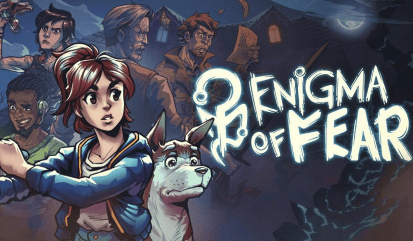Official key art for the game Enigma of Fear. The background of the image shows a cloudy sky, with the silhouette of a mansion below it with two windows; the left window is dark, and the right is lit up. Right of the mansion are various shadowy game characters From left to right; a young woman looks to her right put pointing her off-screen hands to the left, as if holding something in both of them. Next to her is a worried-looking dog. At the very front of the image is an odd symbol, with the text Enigma Of Fear next to it.