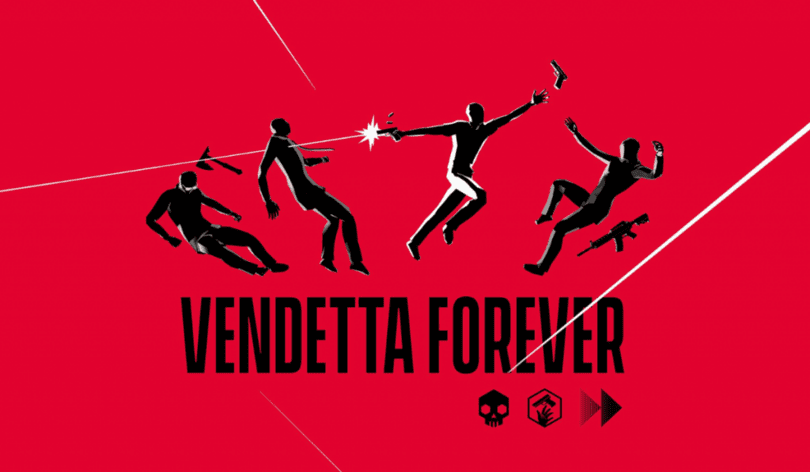 Official key art for the VR game Vendetta Forever. Silhouettes of hit men in action on a red background with "VENDETTA FOREVER" text.
