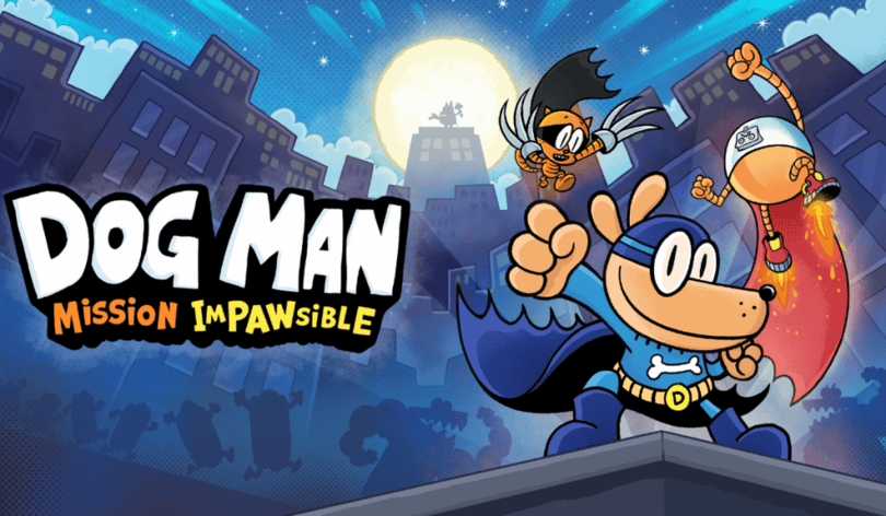 Official key art for the Dog Man Mission Impawsible game. Cartoon illustration of Dog Man and characters against a cityscape and full moon.
