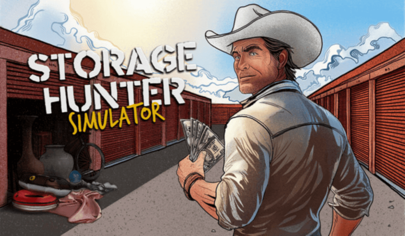 In the background of the image are rows of storage lockers, one of which is open, and has random items falling out of it. At the front of the image is a man wearing a white cowboy hat and white shirt looking over his shoulder. He's holding multiple dollar bills in his right hand. On the left centre of the image are the words Storage Hunter Simulator.