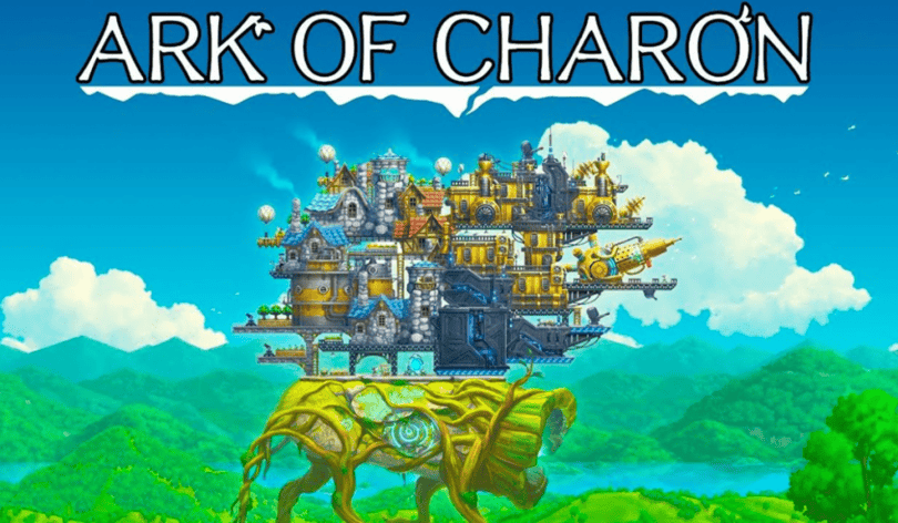 The feature image for the game Ark of Charon. A walking island like creature is seen carrying a small village on its back.