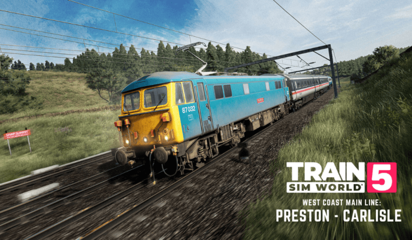 A blue train traveling on tracks with "Train Sim World 5" logo and text "West Coast Main Line: Preston - Carlisle."