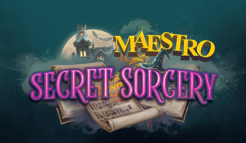 Official key art for Maestro Secret Sorcery Pack. An open spell book has the game logo leaping out of it, in the background is a moonlit castle. The image appears to be surrounded by mist
