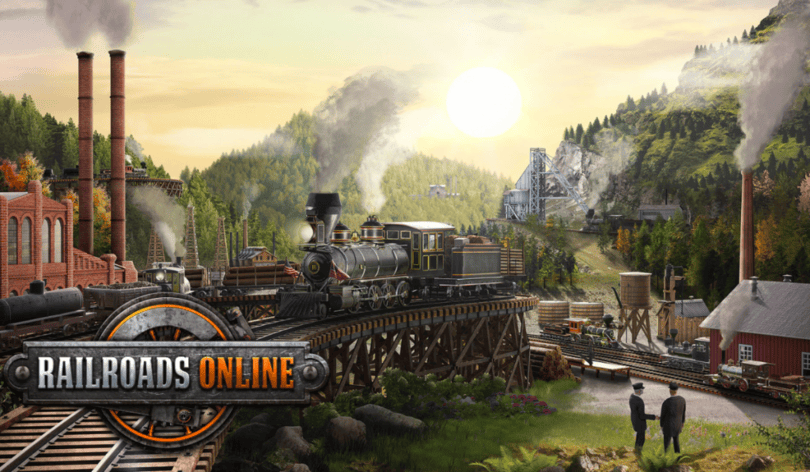 Steam locomotive on a bridge with industrial buildings in a forested valley, displaying "RAILROADS ONLINE" logo.