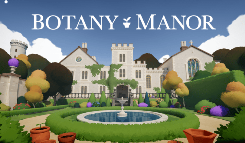 botany manor key art featuring a big house in the background with a number of trees around