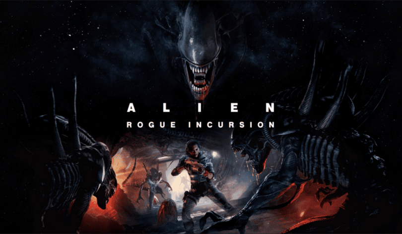 Official key art for the game Alien: Rogue Incursion. A dark image shows a lone soldier holding a gun and aiming it into a cave. Above them is a drooling Xenomorph.