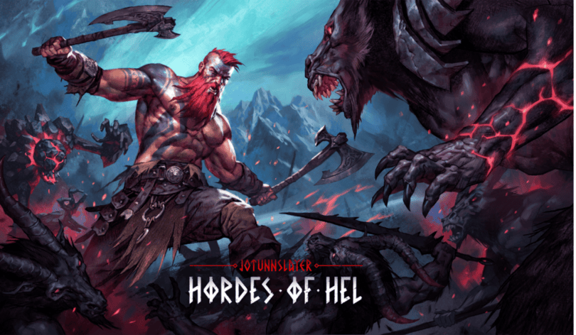 Official key art for Jotunnslayer: Hordes of Hel. A muscular warrior with a red beard battles fearsome creatures in a dark, mystical landscape, showcasing epic fantasy art.