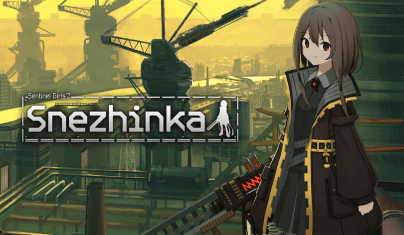 Official key art for Snezhinka Sentinel Girls 2. Image shows an industrial cityscape with towering cranes at sunset; the character Snezhinka stands contemplatively to the right. She is holding a futuristic firearm-like object overlooking a complex piping system, below her feet that leads towards distant horizon where buildings fade into yellow sky.