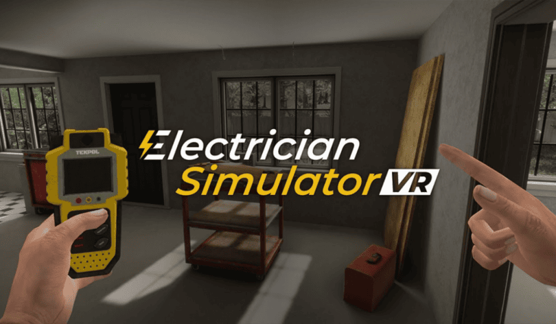 A virtual reality scene showcasing "Electrician Simulator VR" with a hand holding a digital multimeter in a room with shelves.