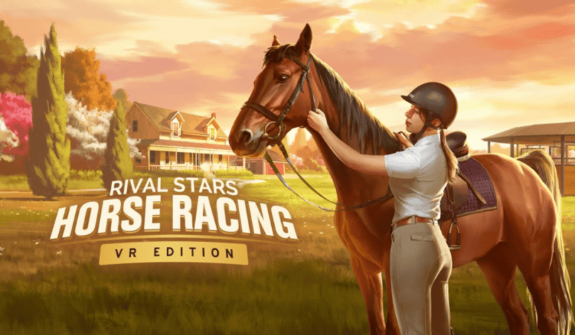Screenshot from Rival Stars Horse Racing: VR Edition showing a character tending to a horse with green fields and a house in the background