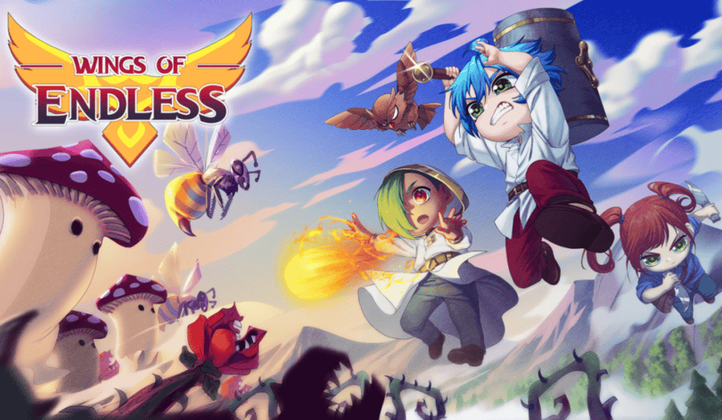 Wings of Endless key art. Three player characters, Hariku, Makoto, and Diana, face off against a horde of enemies.
