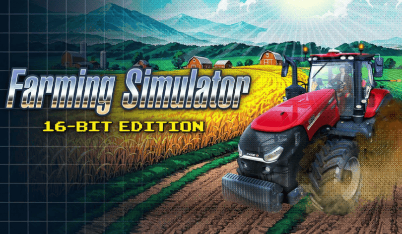 key art for farming simulator 16 bit edition showing a red tracker with a large corn field and farm buildings in the background
