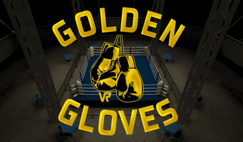 key art for Golden Gloves showing a pair of boxing gloves hanging with the letters VR underneath. The game name is on the top and bottom of the gloves and the background is a boxing ring