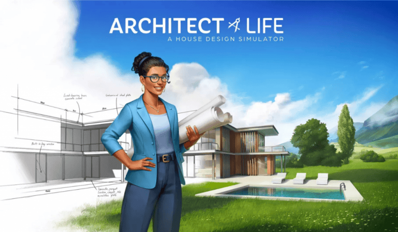 This image shows the game name "Architect Life" as well as a background of a house being designed. At the front of the image, a women can be seen overseeing the house design and build.