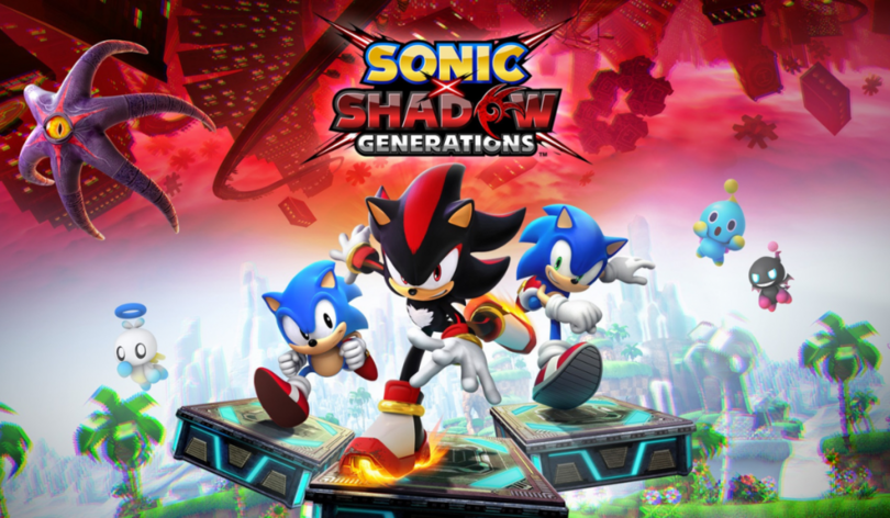 key art for sonic x shadow generations featuring the titular characters in front of a red and white blurry background.