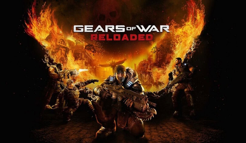Illustration of "Gears of War: Reloaded" featuring armoured soldiers with weapons, set against a fiery backdrop and a skull emblem.