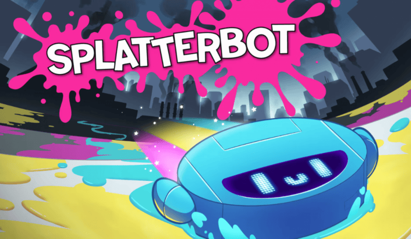 splatterbot featured image showing the splatterbot in the middle with colours all around and the text in a purple paint splat