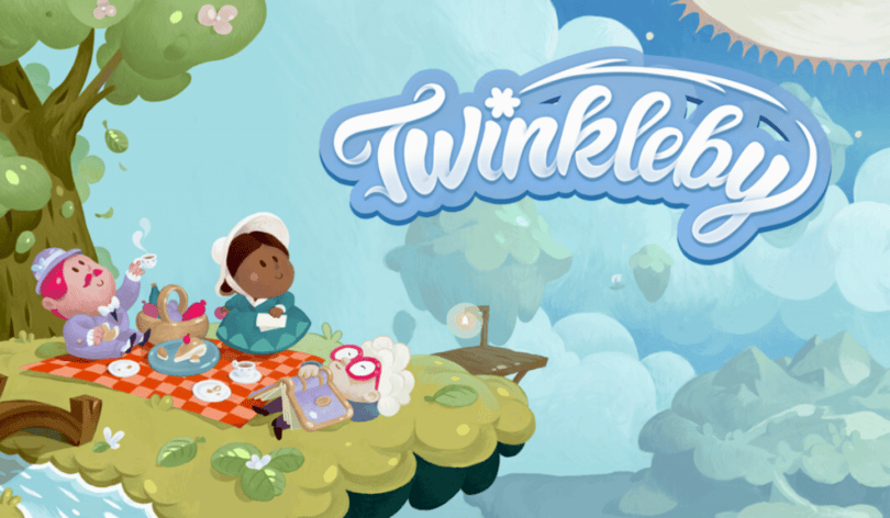 Twinkleby's key art. A few people are sitting on a floating island. The games logo is displayed in the top right in white with a blue border.