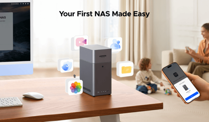 image of the ugreen dh2300 nas sat on a table with someone using their phone nearby