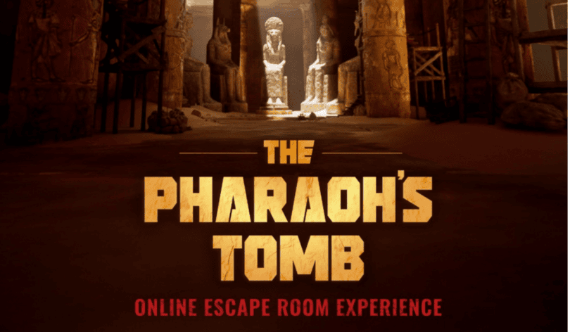 Entrance of an ancient Egyptian tomb with statues and hieroglyphs, dimly lit, creating a mysterious atmosphere. Text reads 'The Pharaoh's Tomb: Online Escape Room Experience.