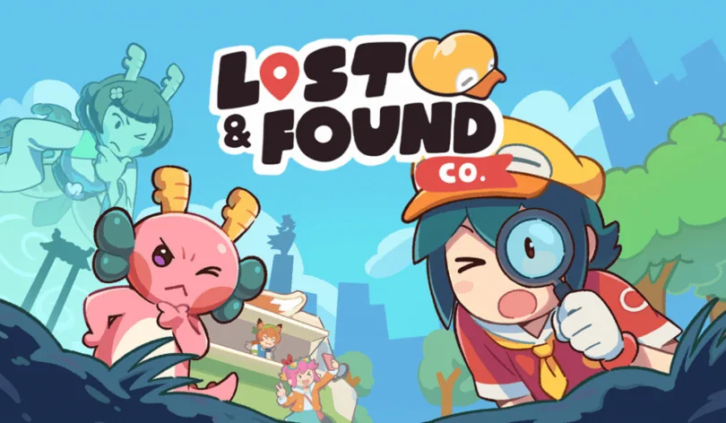 The splash image for Lost and Found Co. showing a young boy with a yellow duck hat looking through a magnifying glass, and a tiny pink dragon looking thoughtful.