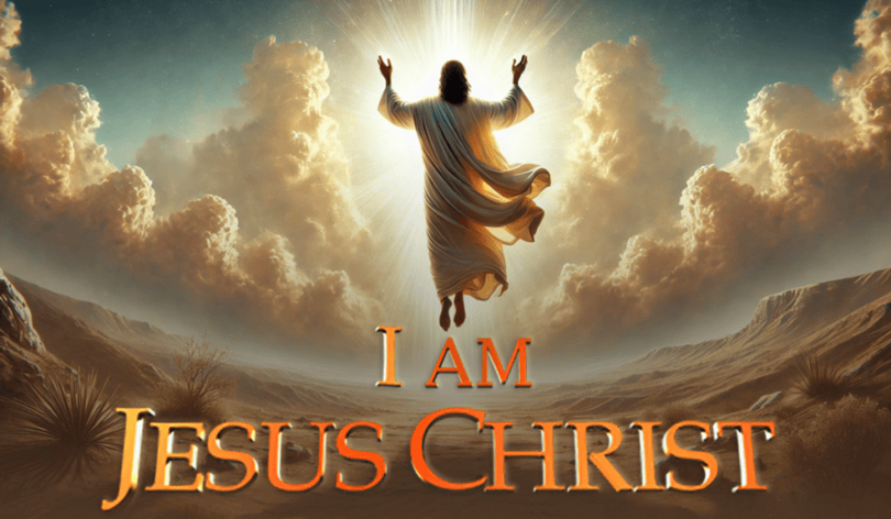 There are sandy dunes and spikey desert plants scattered about. Above this is a sunrise full of clouds. A bright light beams through the middle, highlighting Jesus Christ as he floats upwards, hands outstretched. The text reads 'I Am Jesus Christ' in orange and yellow gradient.