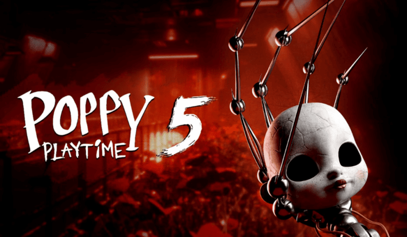 Poppy Playtime 5 game poster with a creepy puppet head featuring black eyes and metallic limbs on the right. Intense red and black tones create an eerie atmosphere.