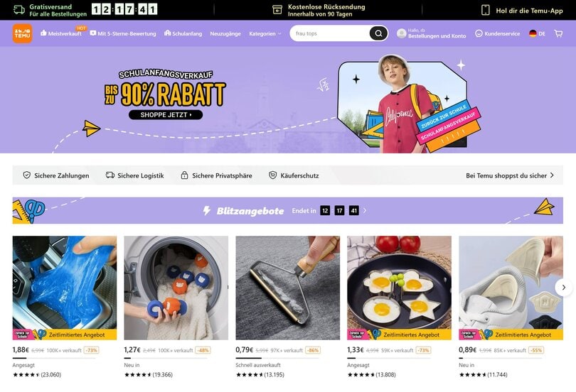 Temu - eine eCommerce-Plattform wie ein Teller bunte Knete (Screenshot)