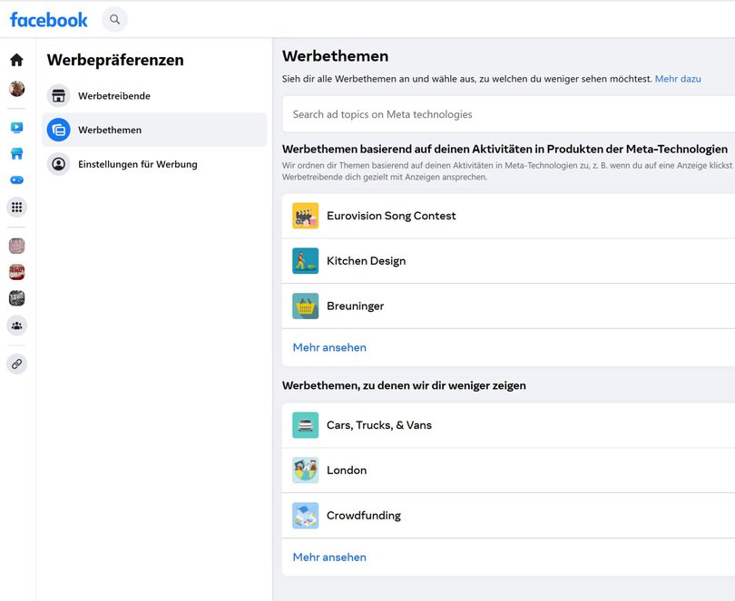 Hier gibt es den Überblick über die persönlichen Werbethemen (Screenshot)