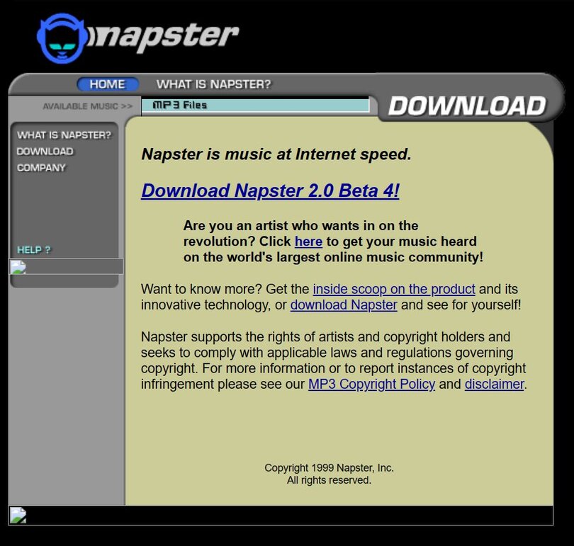 So sah die Napster-Website 1999 aus (Screenshot: Wayback Machine)