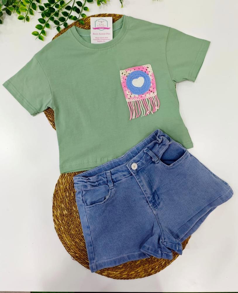Conj vaquero y camiseta algodón bolsillo Crochet
