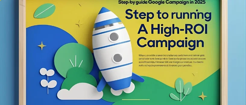 A colorful framed illustration featuring a 3D-style rocket ship launching from a grassy landscape with trees and clouds, symbolizing growth and success. The text reads "Step-by-step guide Google Campaign in 2025 – Step to running a High-ROI Campaign." This image visually represents the concept of "Google Ads for Beginners" in a fun and engaging way.