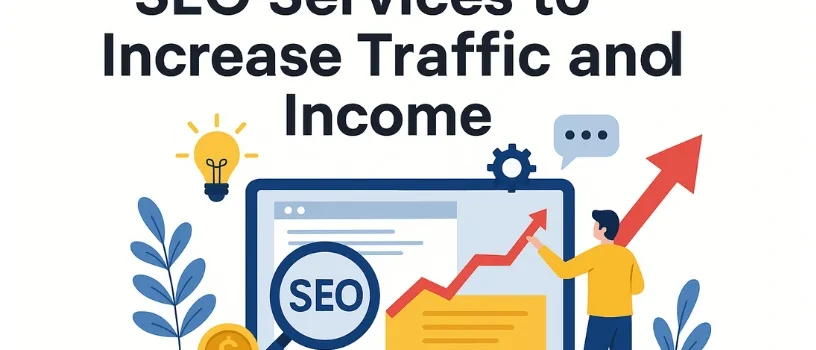 A 2D digital illustration showing a man pointing at a computer screen with an upward red arrow, symbolizing growth. The screen displays a search result page with a magnifying glass highlighting the word "SEO." Surrounding elements include gold coins, a lightbulb, a gear icon, plants, and a speech bubble, all representing SEO services boosting traffic and income.