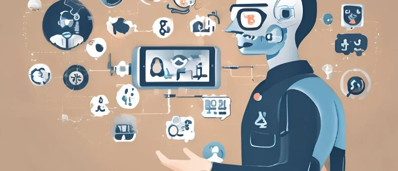 Illustration of a futuristic AI-driven professional analyzing data and digital icons to develop a content marketing strategy for B2B brands using advanced technology and automation tools.