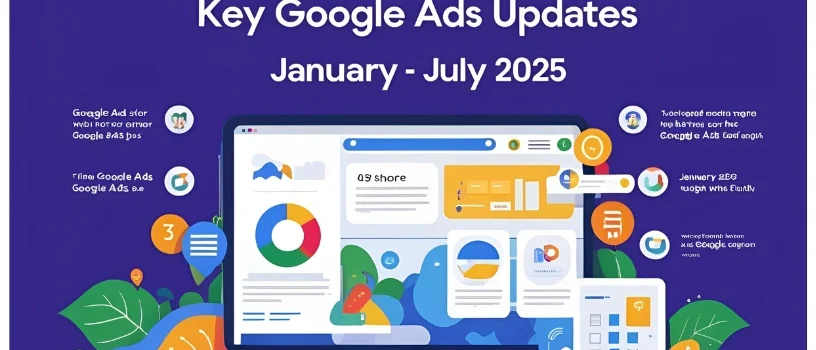 Illustration showcasing key Google Ads updates from January to July 2025, featuring charts, graphs, icons, and Google Ads elements on a laptop screen, emphasizing changes and insights in google ads updates.