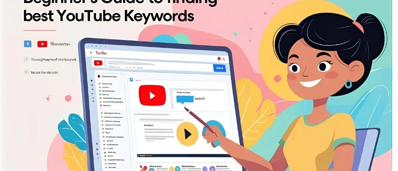 Illustration of a woman using a computer to research YouTube keywords with tools on screen, representing a beginner's guide to keywords YouTube search.