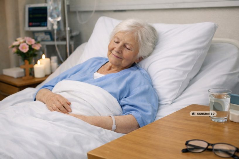 Frau im Bett, die an ihre Vorsorge gedacht hat