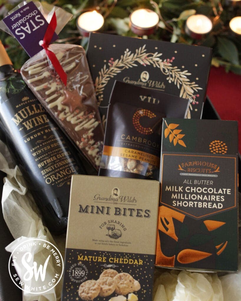 Viginia Hayward Christmas Eve hamper filled with mulled wine, nuts, biscuits