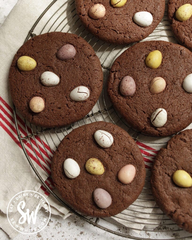 top view of chocolate Mini Egg Cookies with sugar coated chocolate eggs