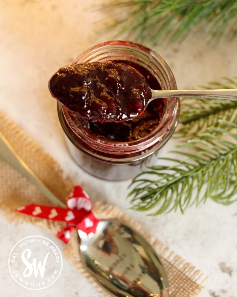 top view of Mulled Wine Jam with a spoon on top.