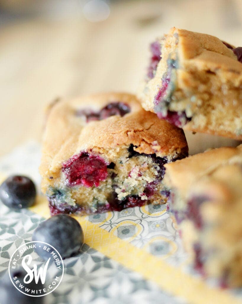 Blueberry Cookie Traybake cut into slices