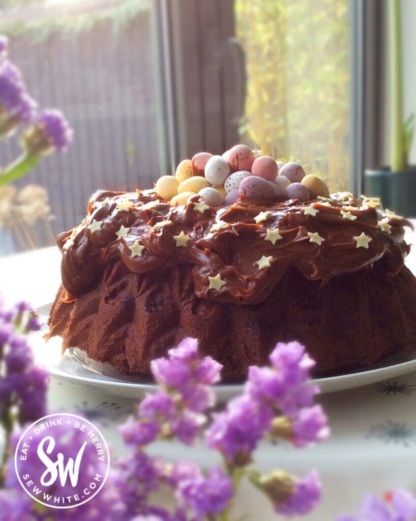 Chocolate Bundt Cake in the spring sunshine