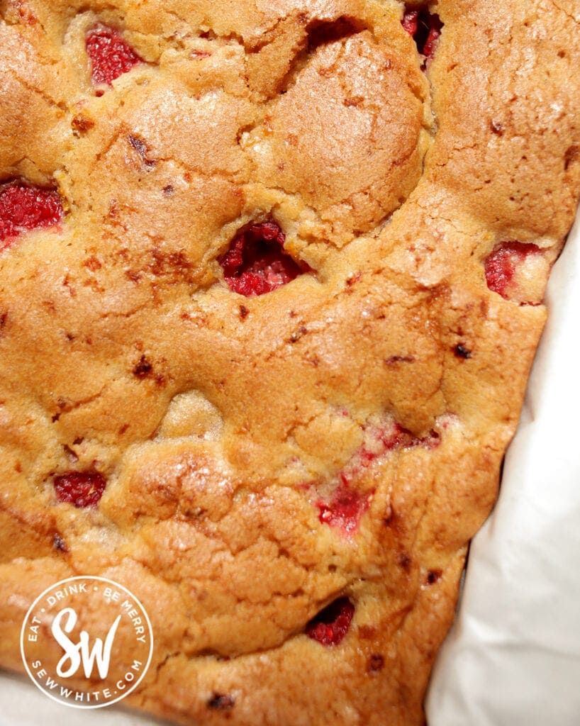 fresh from the oven and uncut raspberry lemon blondies