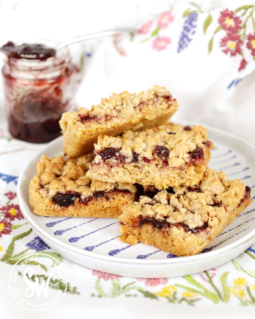 Jam flapjacks on a white plate